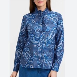 Foxcroft XS Sadie denim paisley rufffled collar blouse nwt